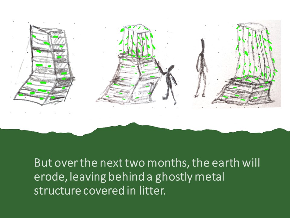 But over the next two months, the earth will erode, leaving behind a ghostly metal structure covered in litter.